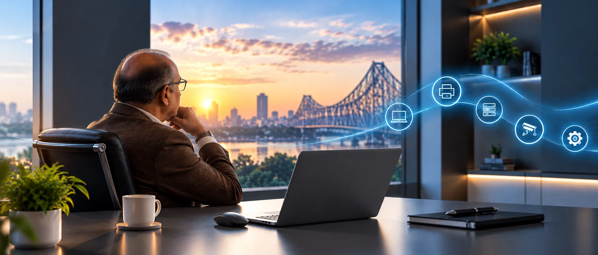 A business owner looks over the Kolkata skyline and Howrah Bridge at sunset, with glowing icons for laptops, printers, servers, CCTV and support.